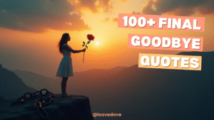 A woman standing at the edge of a cliff at sunset, releasing a red rose into the wind with broken chains at her feet, symbolizing freedom from a toxic relationship and emotional closure Final Goodbye Quotes.