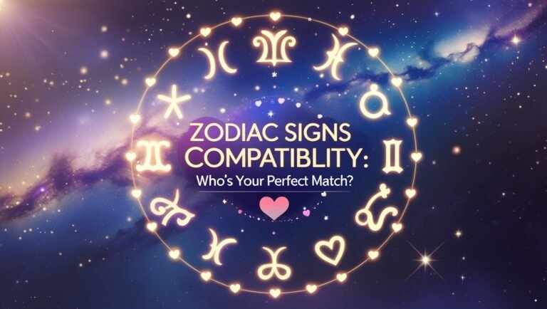 Zodiac compatibility chart with glowing astrological signs in a cosmic background representing love and perfect match themes.