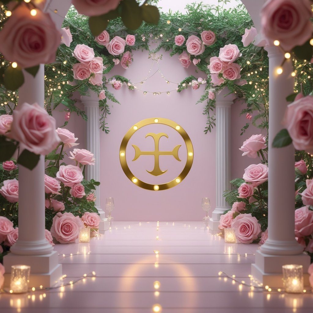 Romantic date scene with a stylish couple surrounded by roses and fairy lights in a garden or gallery, featuring balanced design and the Libra zodiac symbol in soft gold tones.