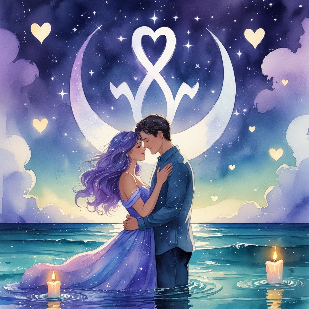 Watercolor-style image of a couple under a moonlit ocean sky with glowing stars, hearts, and the Pisces zodiac symbol in a dreamy, Romantic Zodiac Signs.