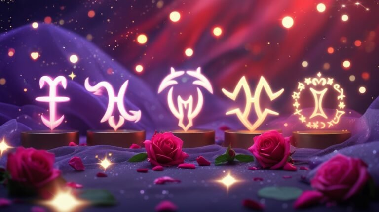 Illustration of the top five most romantic zodiac signs surrounded by hearts and stars on a dreamy celestial background.