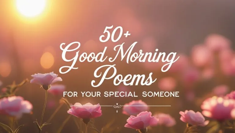 a peaceful morning with coffee and flowers, soft pastel background, text overlay saying “50+ Good Morning Poems for Your Special Someone”