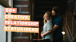 Happy couple during golden hour, smiling and holding hands, the background represents creative relationship status ideas for Instagram, Facebook, and more.